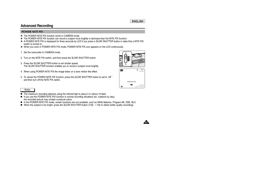 Samsung SCD105 manual Power Nite PIX 