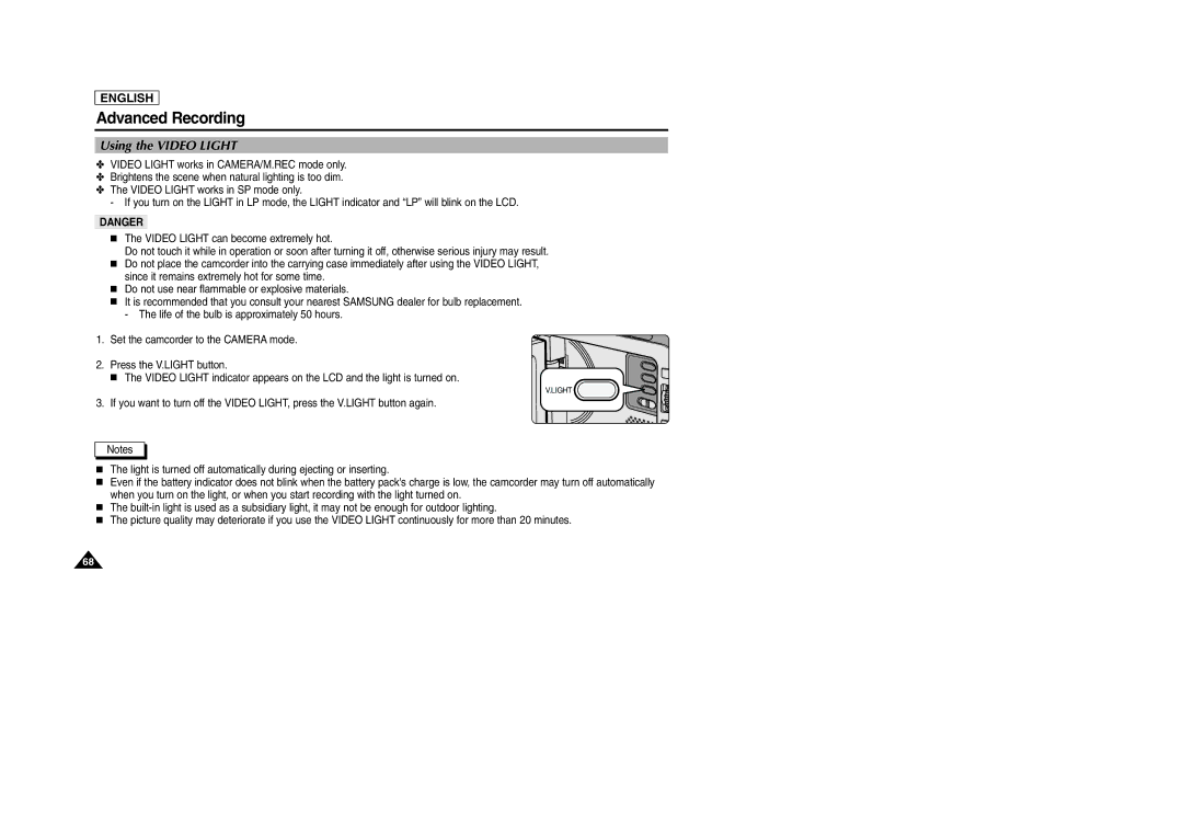 Samsung SCD105 manual Using the Video Light 