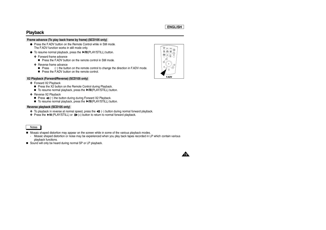 Samsung manual Frame advance To play back frame by frame SCD105 only, X2 Playback Forward/Reverse SCD105 only 