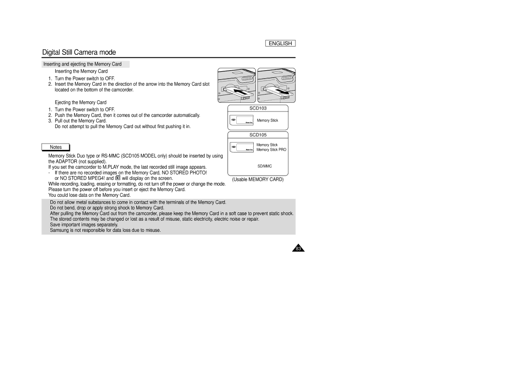 Samsung SCD105 manual Ejecting the Memory Card, Or no Stored MPEG4! and will display on the screen 