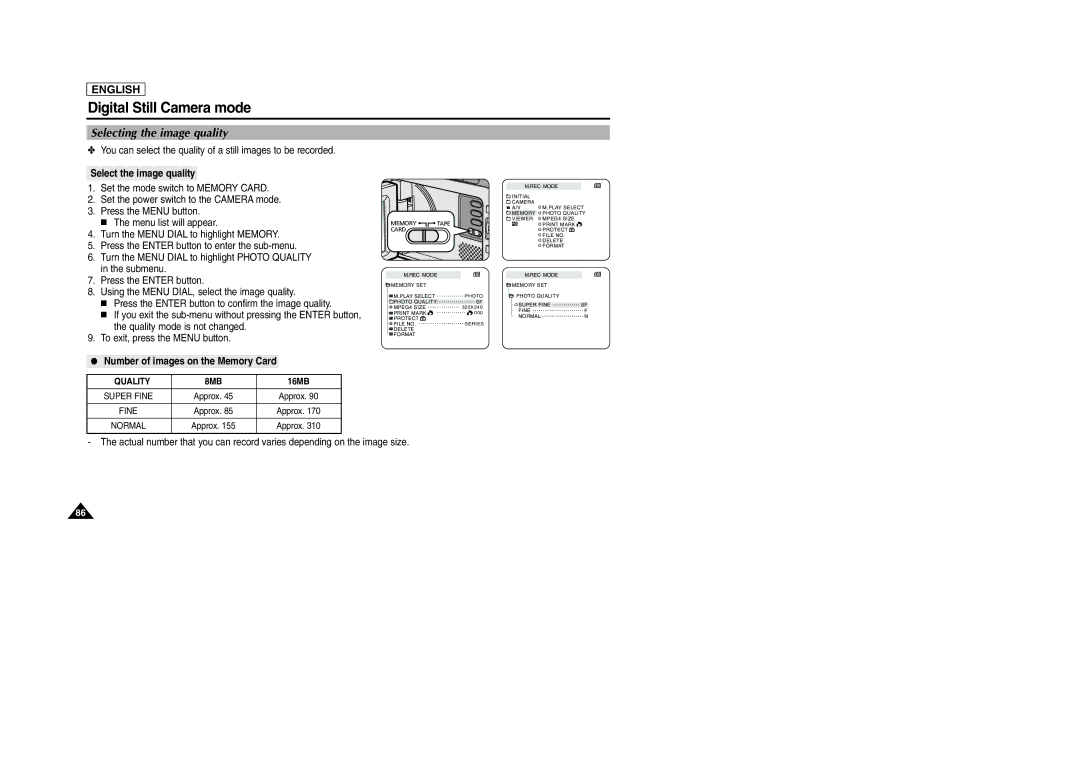 Samsung SCD105 manual Selecting the image quality, Select the image quality, Number of images on the Memory Card 