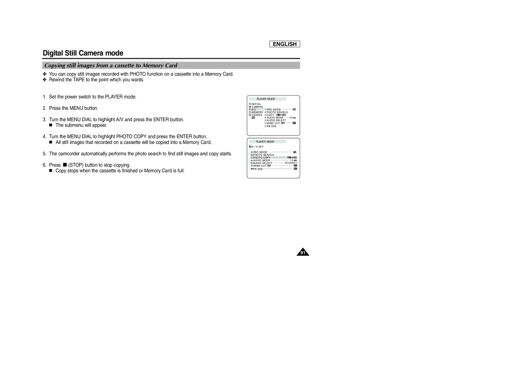 Samsung SCD105 manual Copying still images from a cassette to Memory Card 