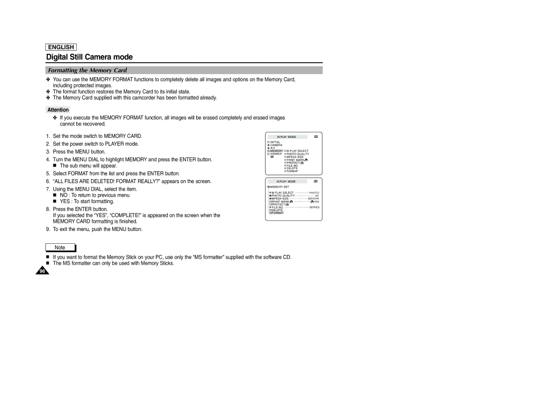 Samsung SCD107 manual Formatting the Memory Card 