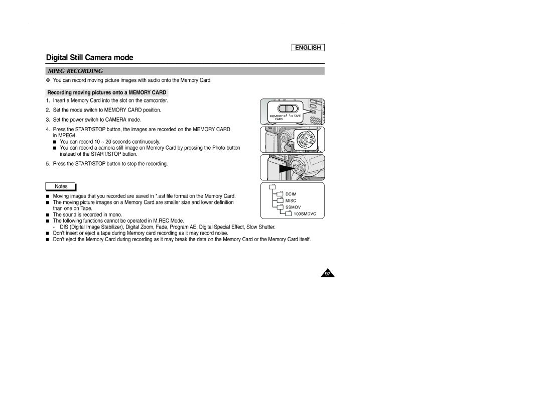 Samsung SCD107 manual Mpeg Recording, Recording moving pictures onto a Memory Card 