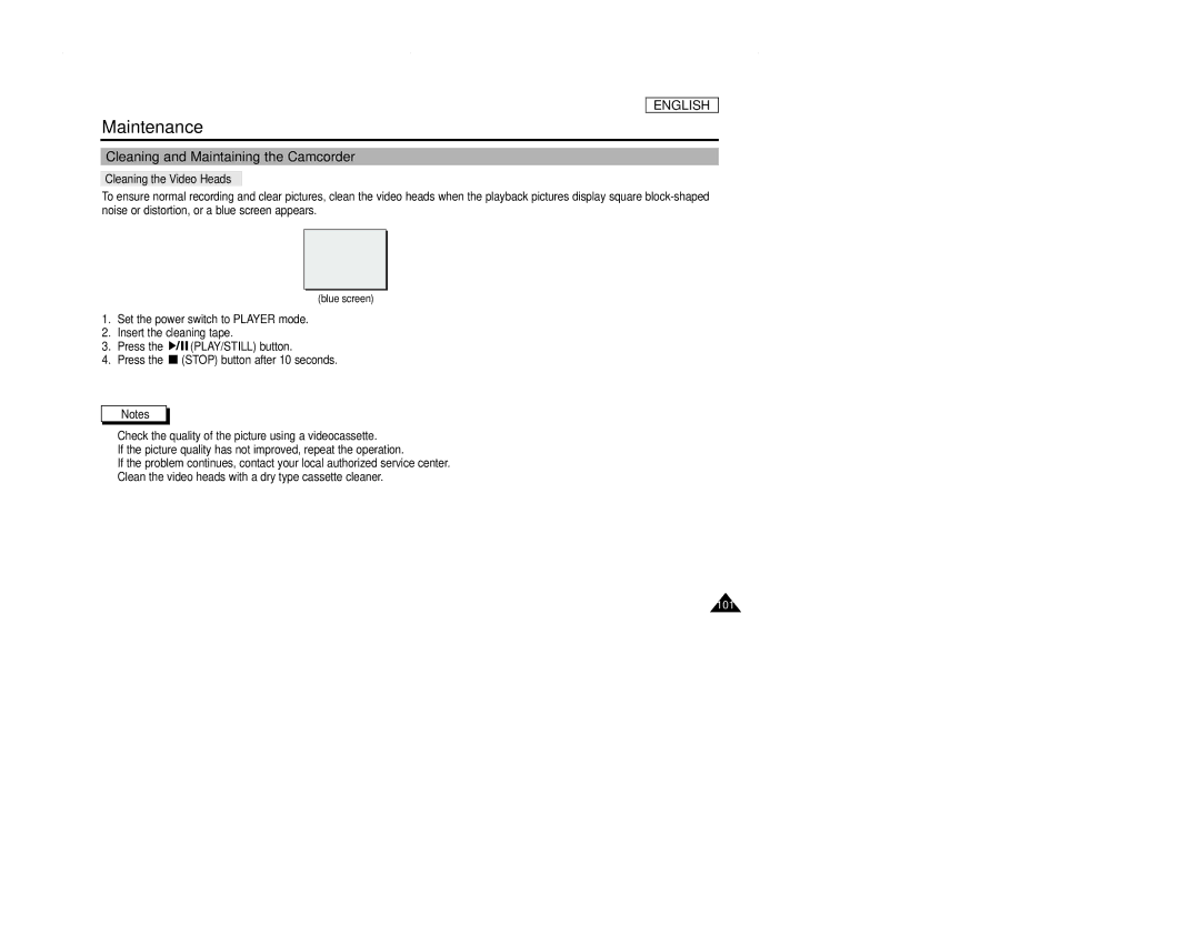 Samsung SCD107 manual Cleaning and Maintaining the Camcorder, Cleaning the Video Heads 