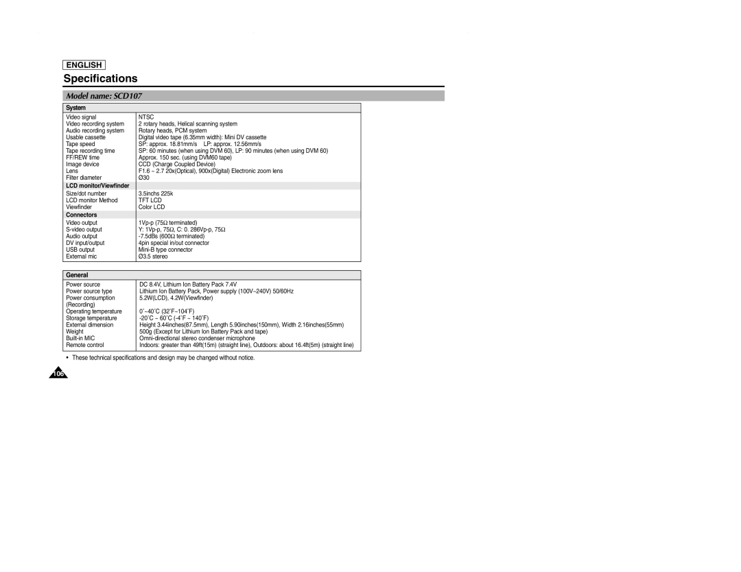 Samsung SCD107 manual Specifications 