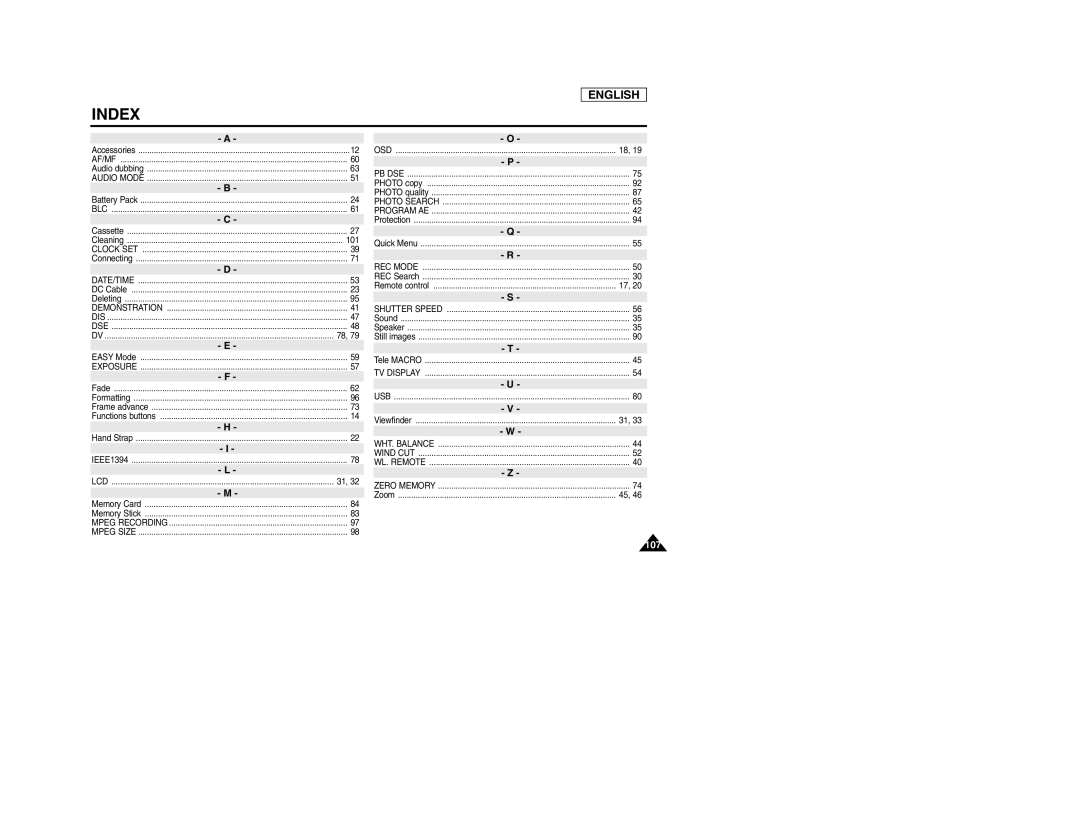 Samsung SCD107 manual Index 