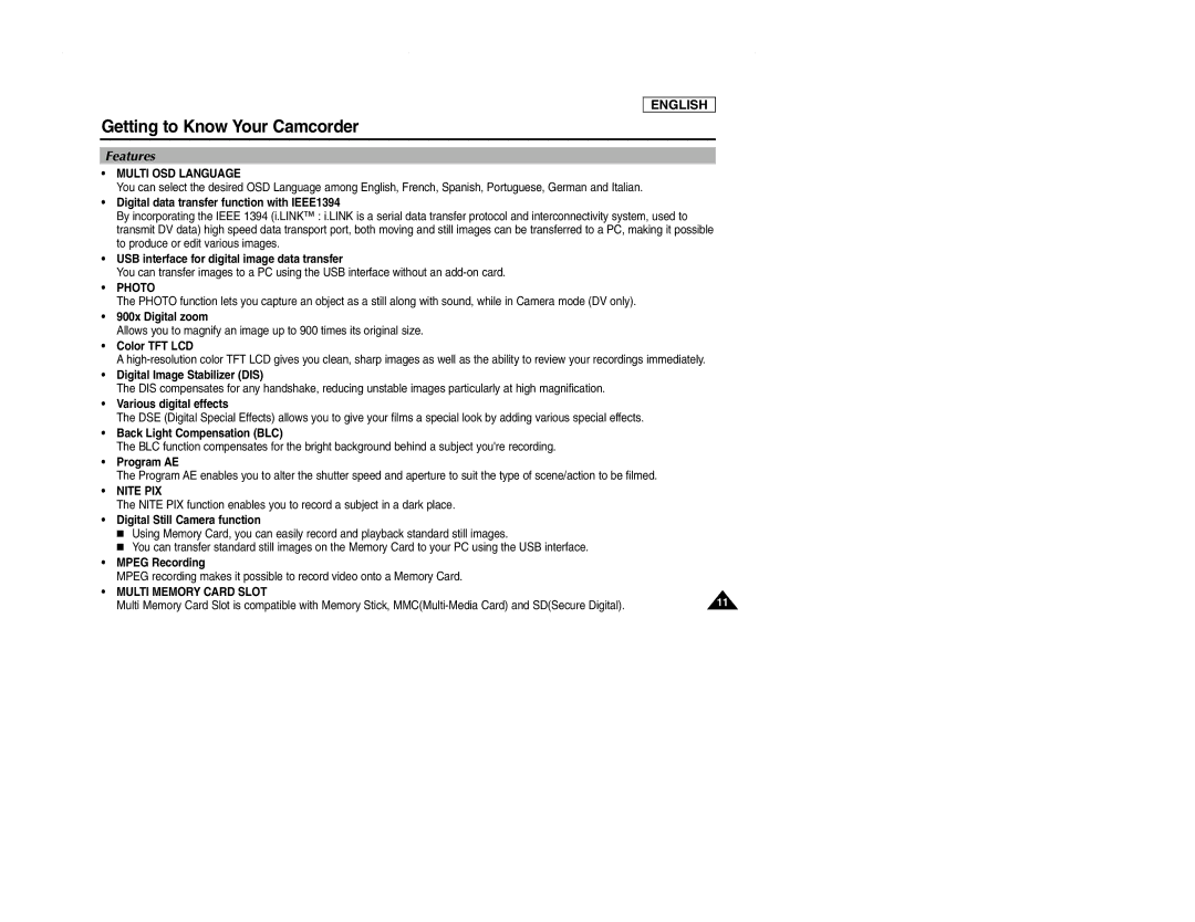 Samsung SCD107 manual Features, Multi OSD Language, Photo, Nite PIX, Multi Memory Card Slot 