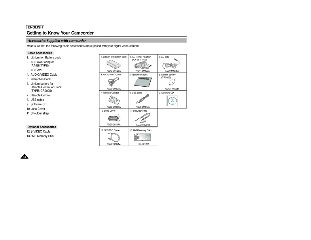 Samsung SCD107 manual Accessories Supplied with camcorder, Basic Accessories, Optional Accessories 