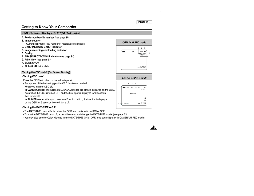 Samsung SCD107 manual Folder number-file number see Image counter, Slide Show MPEG4 Screen Size, Turning OSD on/off 