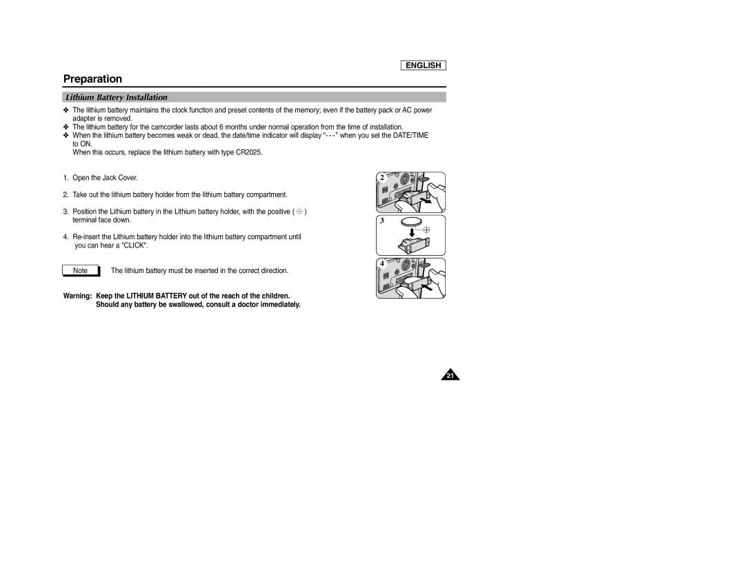 Samsung SCD107 manual Lithium Battery Installation 