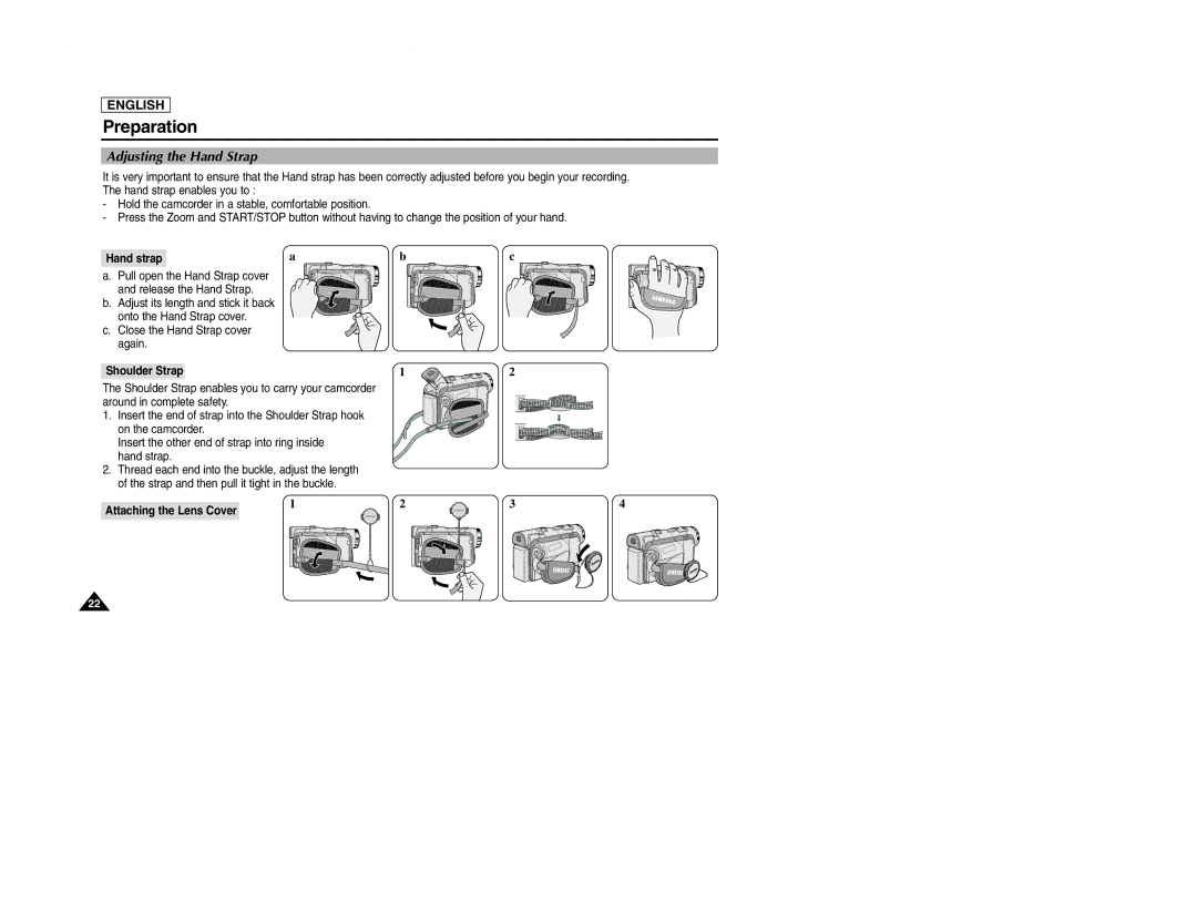 Samsung SCD107 manual Adjusting the Hand Strap, Hand strap, Shoulder Strap, Attaching the Lens Cover 