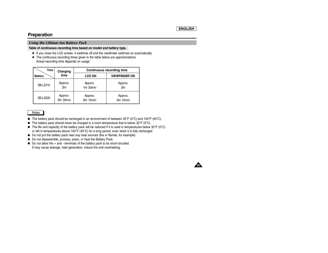 Samsung SCD107 manual Continuous recording time, LCD on 