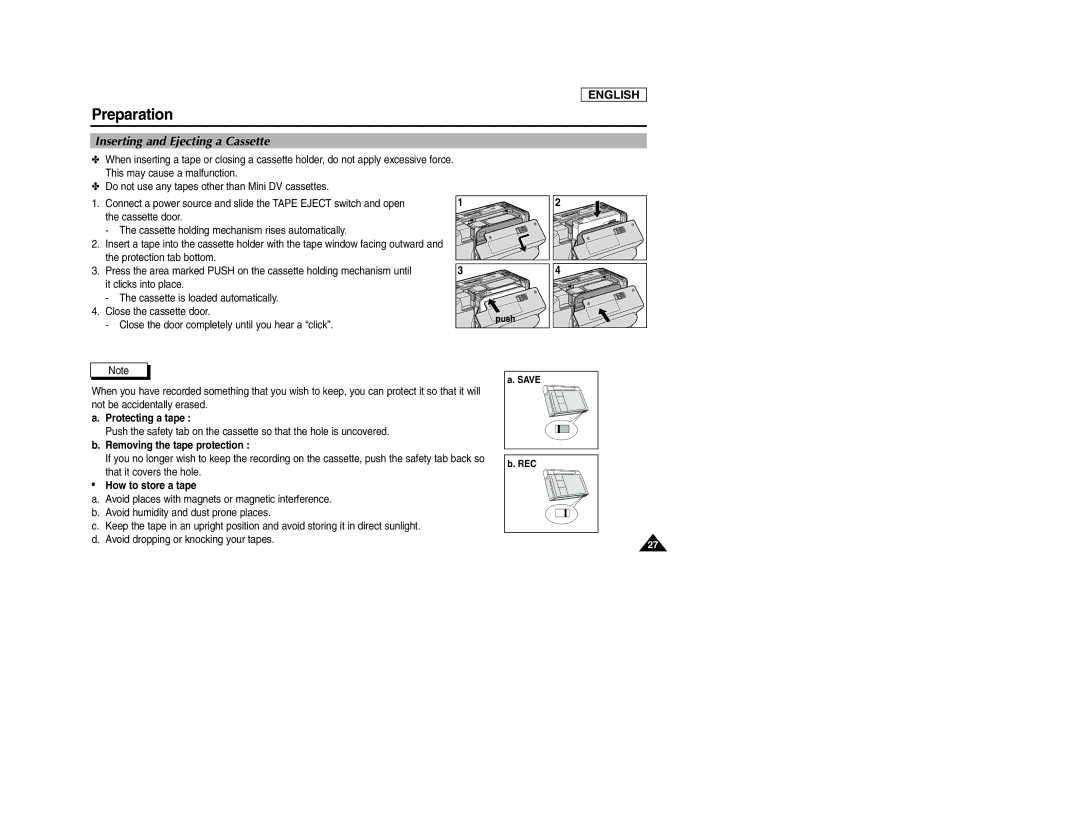 Samsung SCD107 Inserting and Ejecting a Cassette, Protecting a tape, Removing the tape protection, How to store a tape 