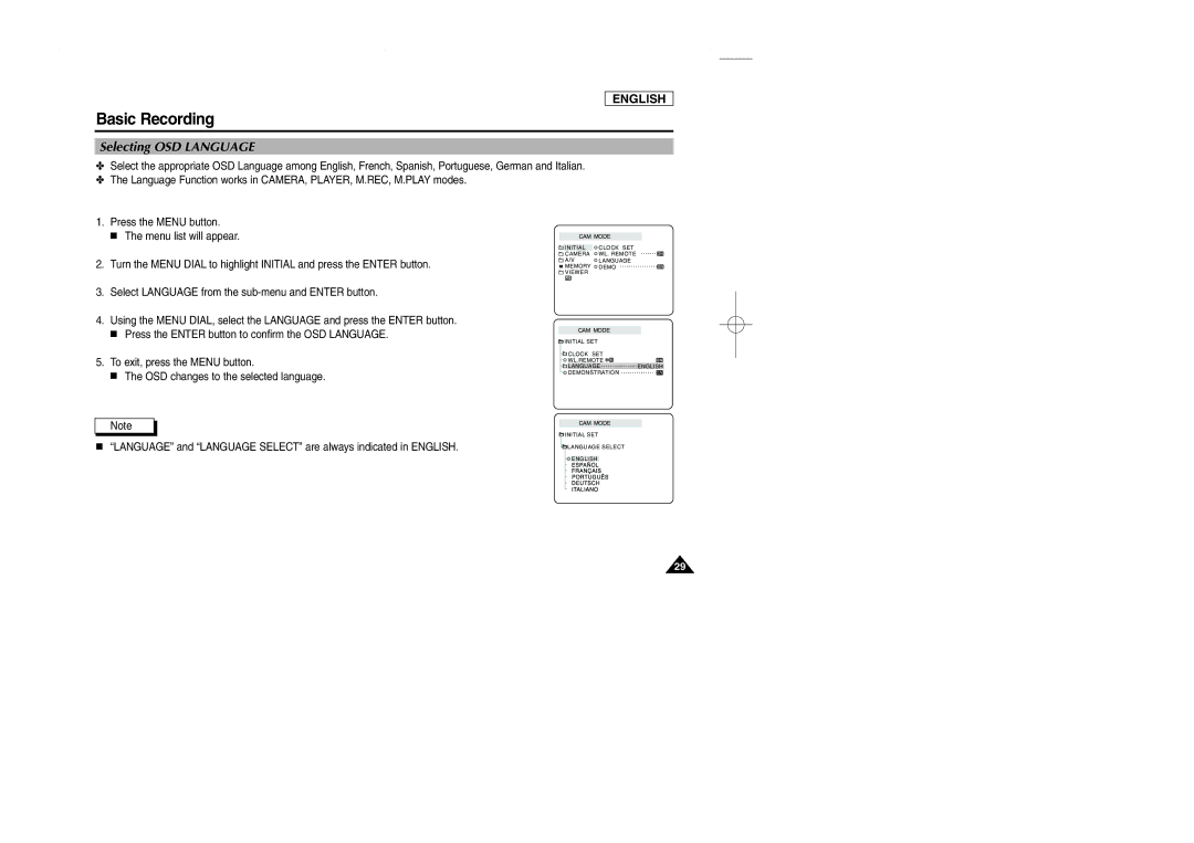 Samsung SCD107 manual Selecting OSD Language 