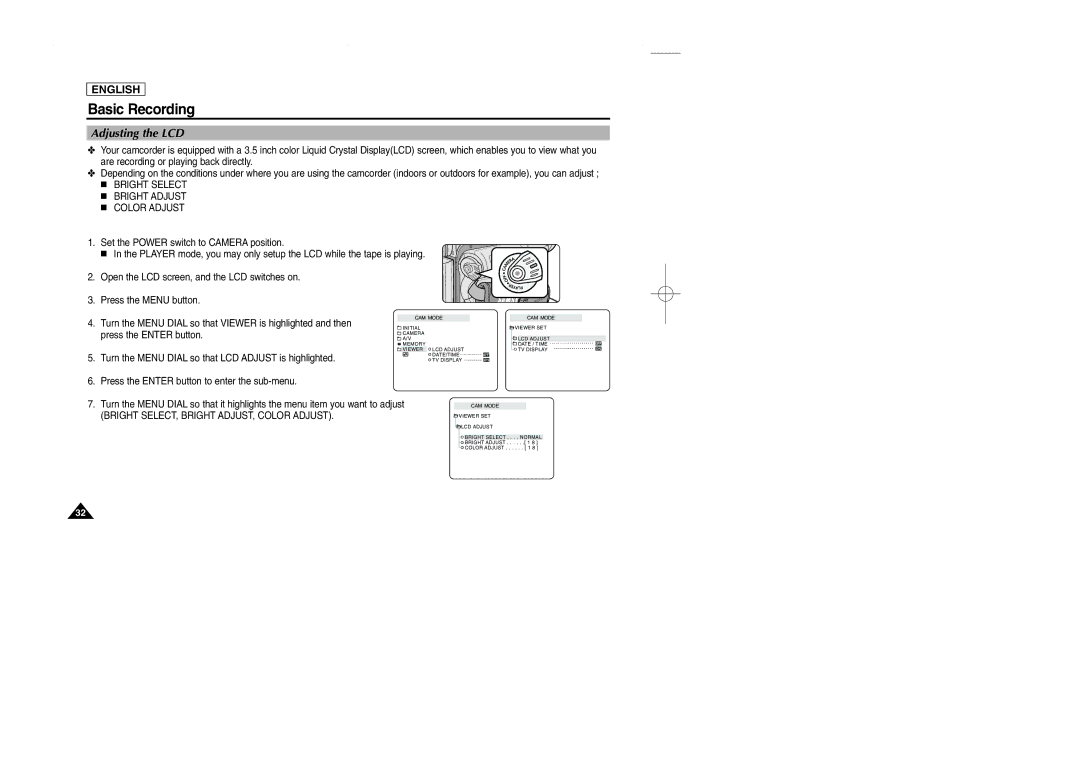 Samsung SCD107 manual Adjusting the LCD, Bright Select Bright Adjust Color Adjust 