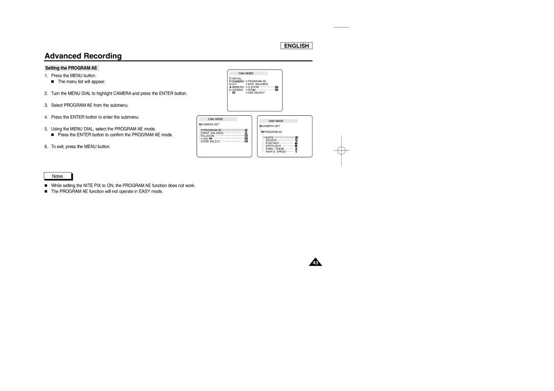 Samsung SCD107 manual Setting the Program AE 