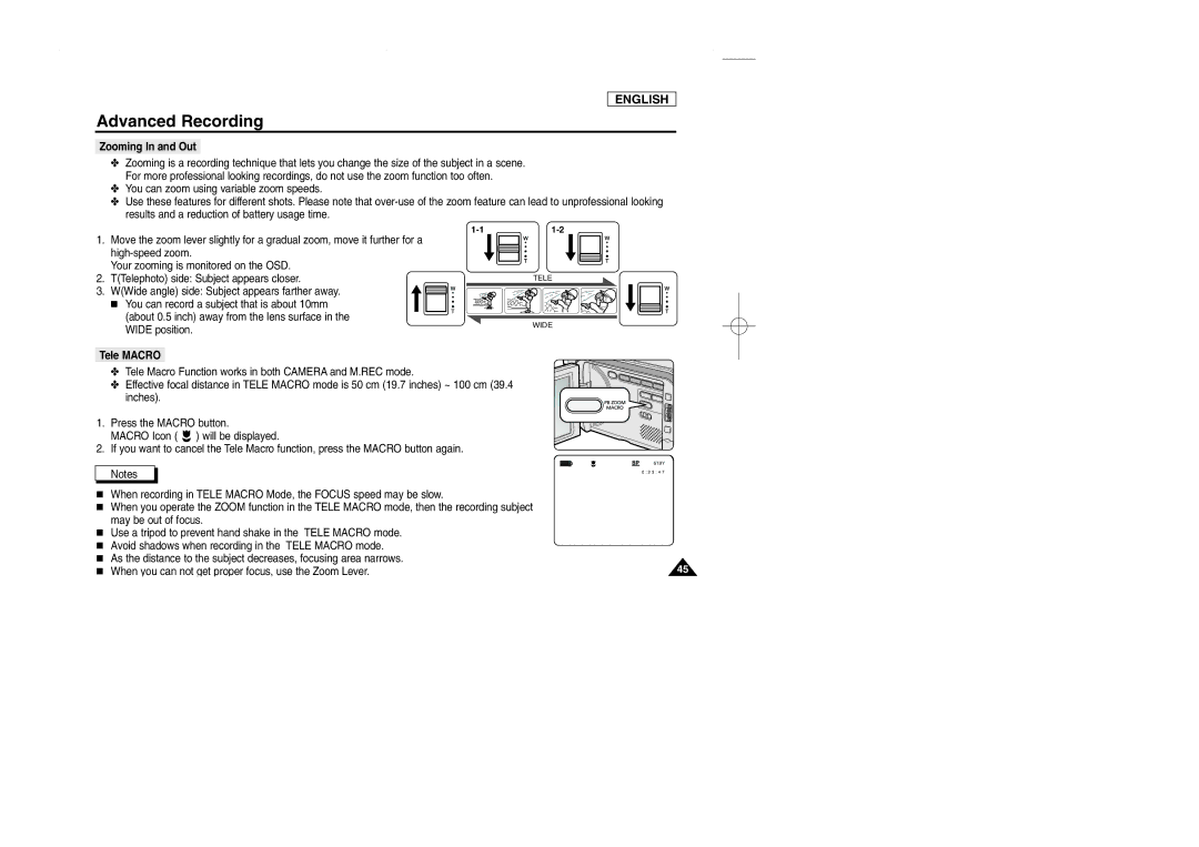 Samsung SCD107 manual Zooming In and Out, Tele Macro 