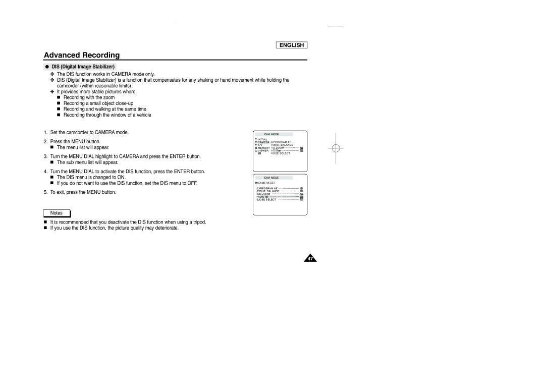 Samsung SCD107 manual DIS Digital Image Stabilizer 