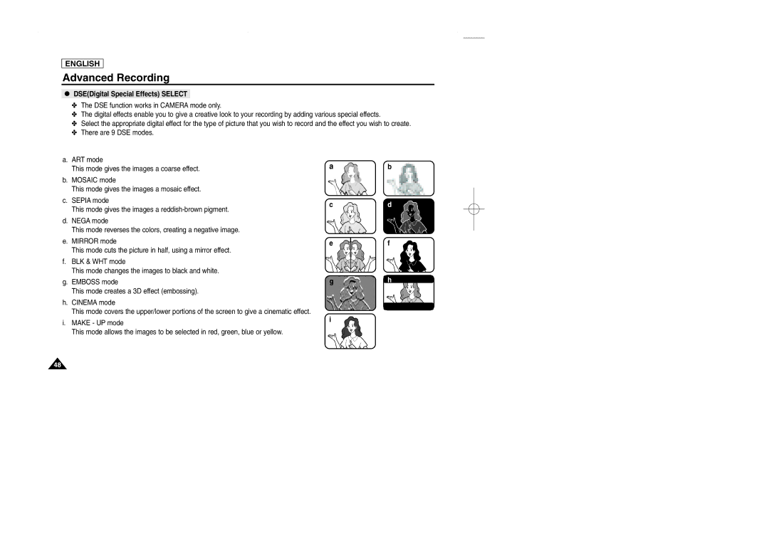 Samsung SCD107 manual DSEDigital Special Effects Select 