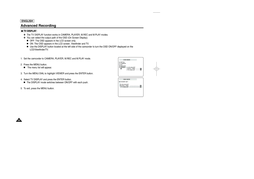 Samsung SCD107 manual TV Display 