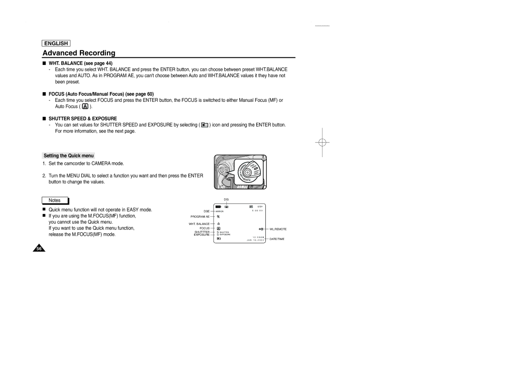 Samsung SCD107 manual WHT. Balance see, Focus Auto Focus/Manual Focus see, Shutter Speed & Exposure, Setting the Quick menu 