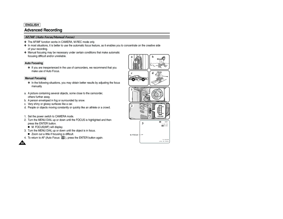 Samsung SCD107 manual AF/MF Auto Focus/Manual Focus, Focusing difficult and/or unreliable Auto Focusing, Manual Focusing 