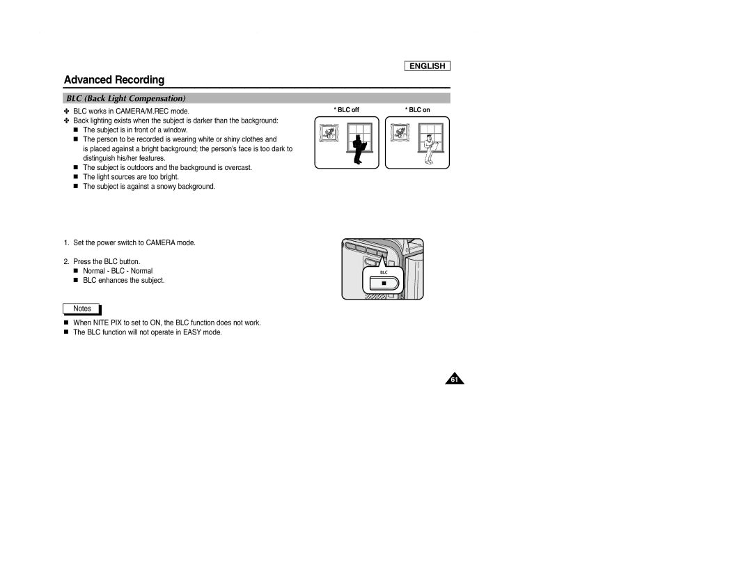 Samsung SCD107 manual BLC Back Light Compensation, BLC works in CAMERA/M.REC mode 