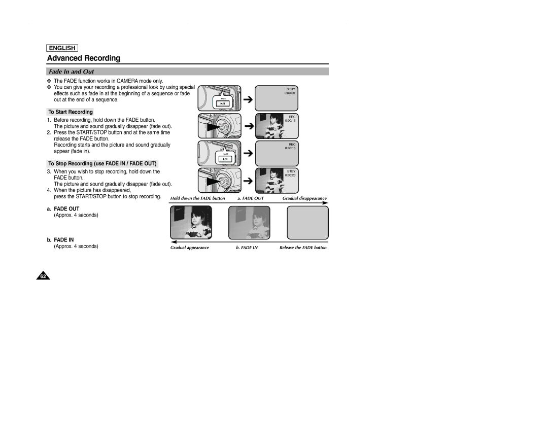 Samsung SCD107 manual Fade In and Out, To Start Recording, To Stop Recording use Fade in / Fade OUT 