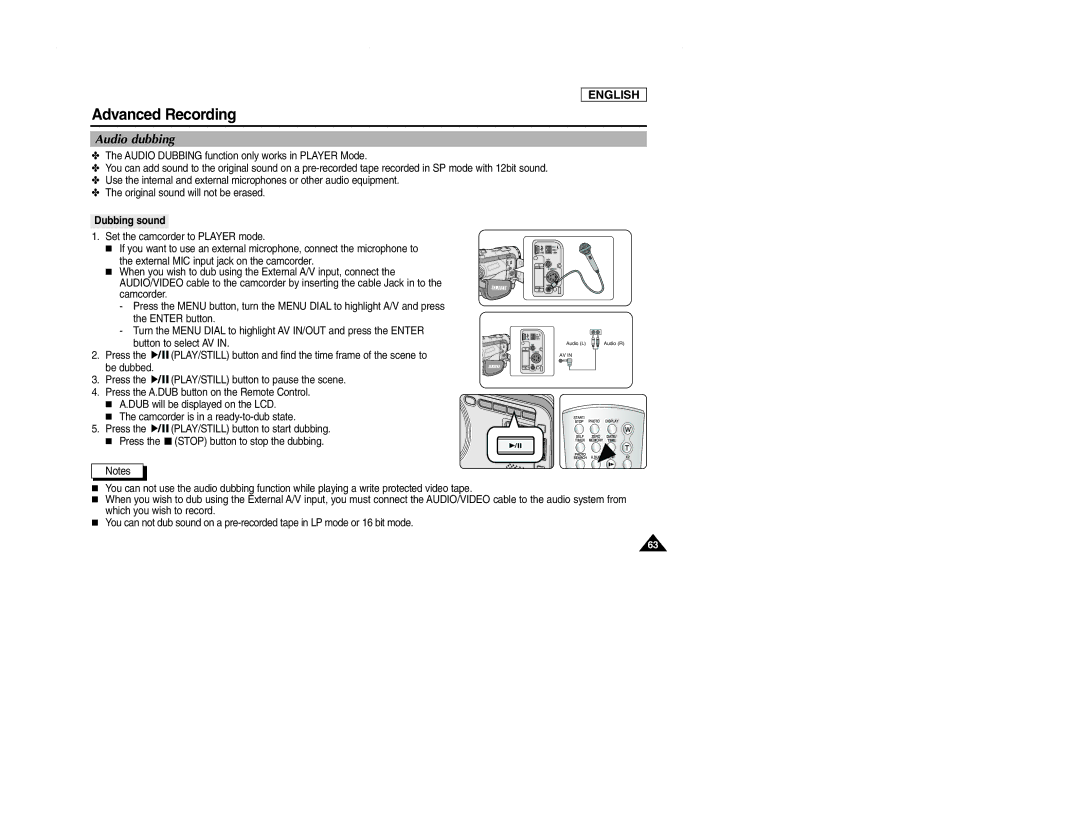 Samsung SCD107 manual Audio dubbing, Dubbing sound 