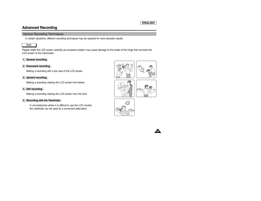 Samsung SCD107 manual Various Recording Techniques, General recording Downward recording, Upward recording, Self recording 