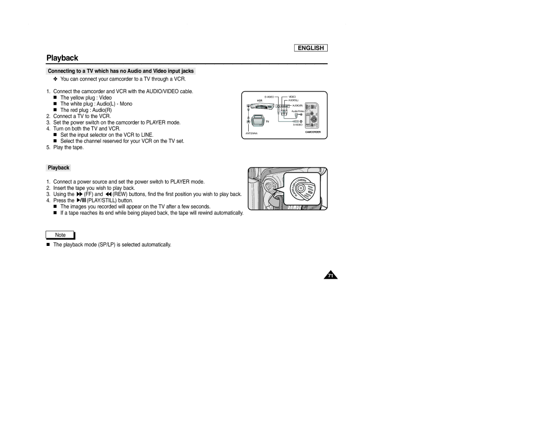 Samsung SCD107 manual Connecting to a TV which has no Audio and Video input jacks, Playback 