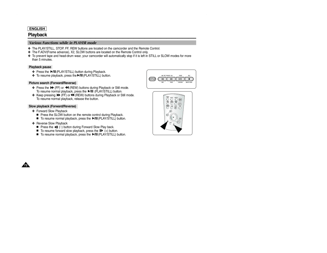 Samsung SCD107 manual Various Functions while in Player mode, Playback pause, Picture search Forward/Reverse 