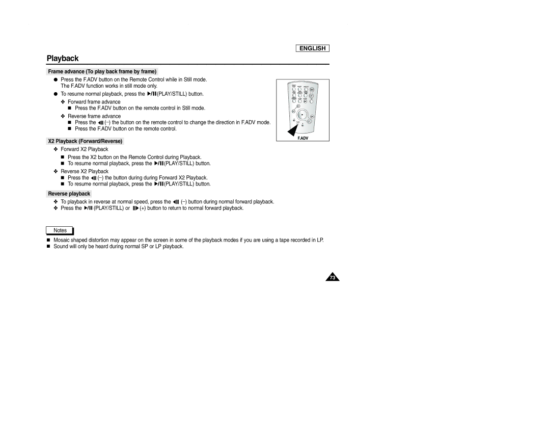 Samsung SCD107 manual Frame advance To play back frame by frame, X2 Playback Forward/Reverse, Reverse playback 