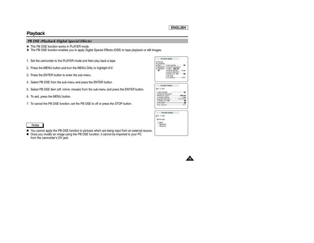 Samsung SCD107 manual PB DSE Playback Digital Special Effects 