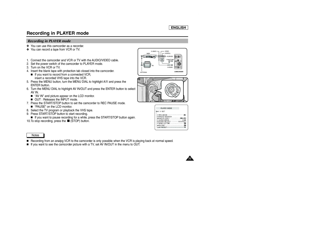 Samsung SCD107 manual Recording in Player mode 