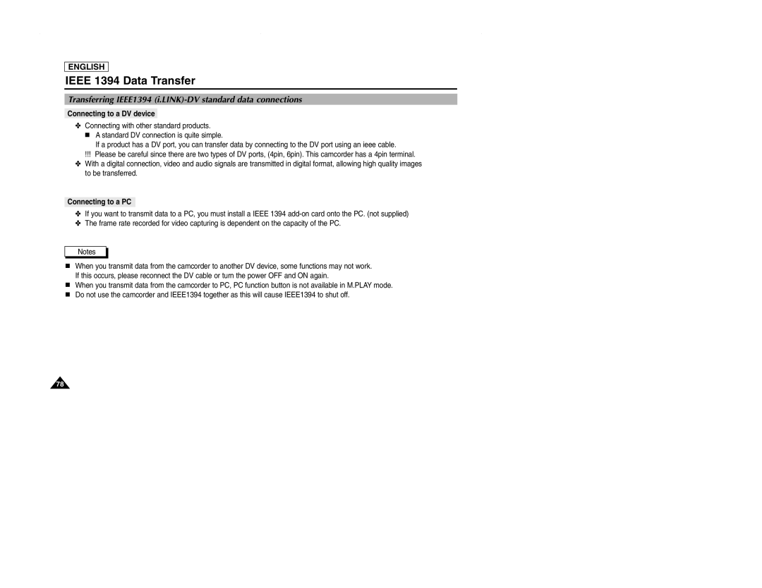 Samsung SCD107 Transferring IEEE1394 i.LINK-DV standard data connections, Connecting to a DV device, Connecting to a PC 