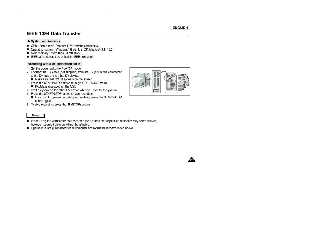 Samsung SCD107 manual System requirements, Recording with a DV connection cable 