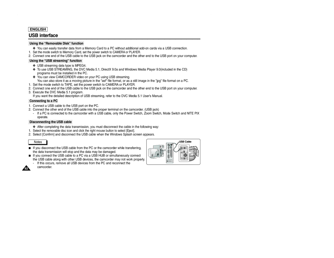 Samsung SCD107 manual Using the Removable Disk function, Using the USB streaming function, Disconnecting the USB cable 