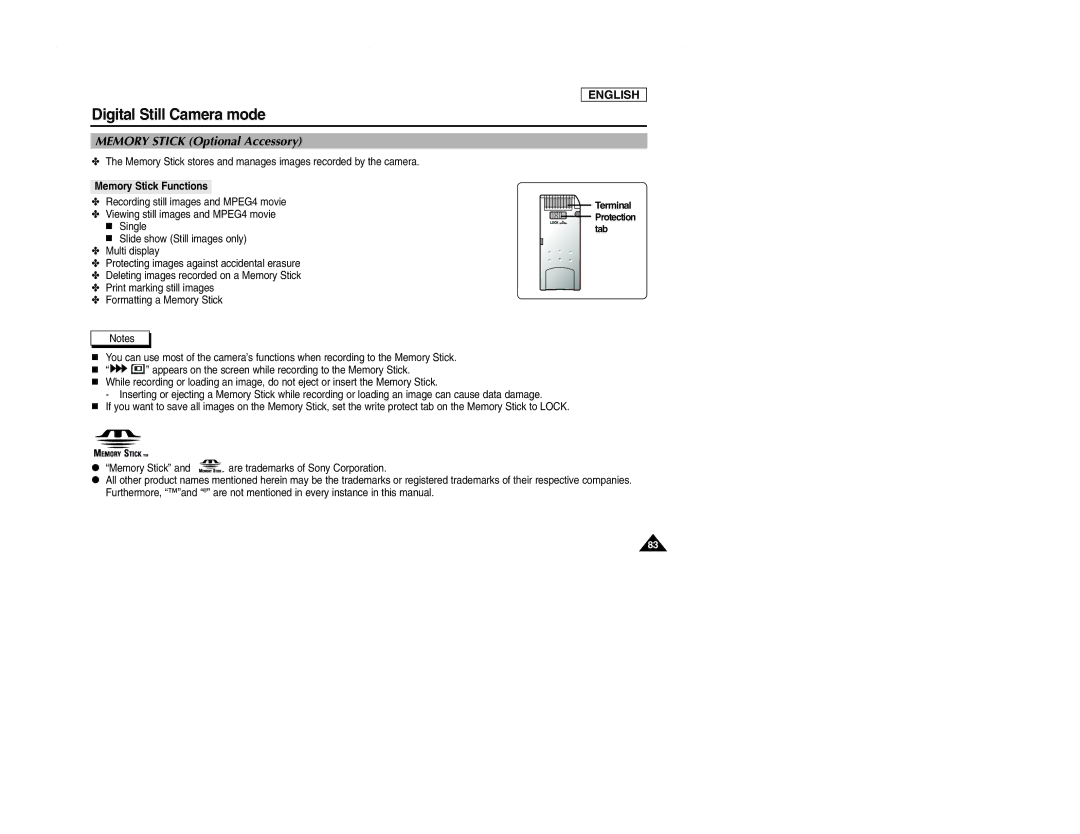 Samsung SCD107 manual Memory Stick Optional Accessory, Memory Stick Functions 