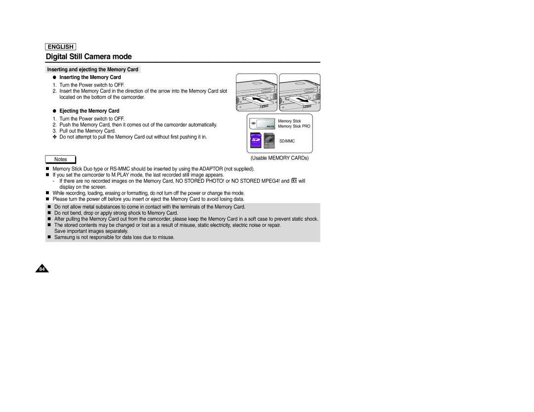 Samsung SCD107 manual Ejecting the Memory Card 