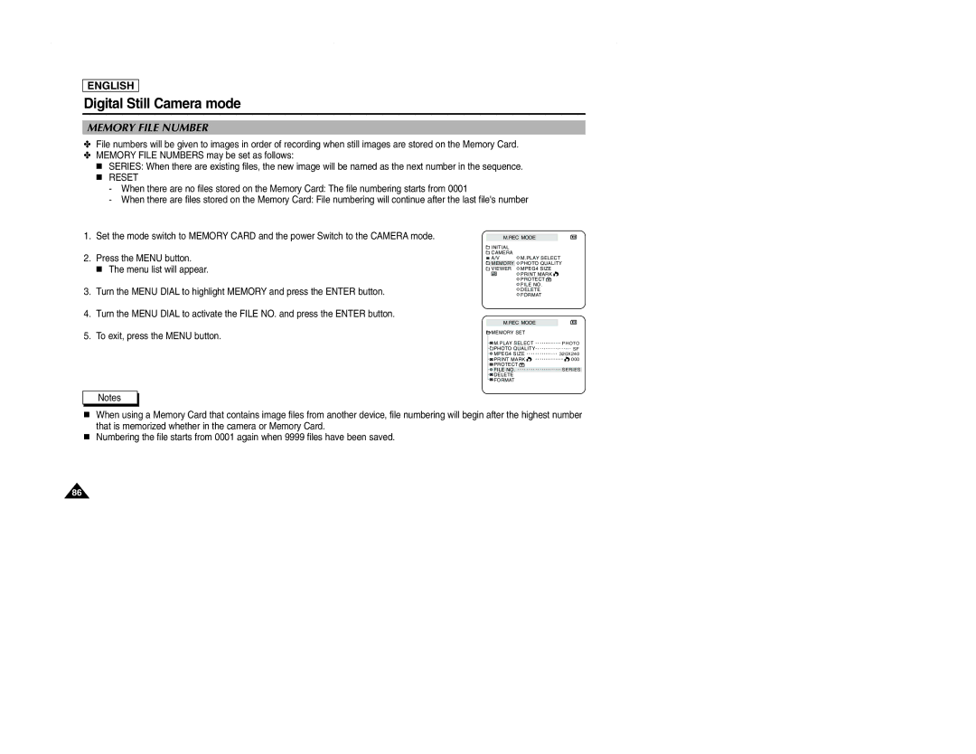 Samsung SCD107 manual Memory File Number 