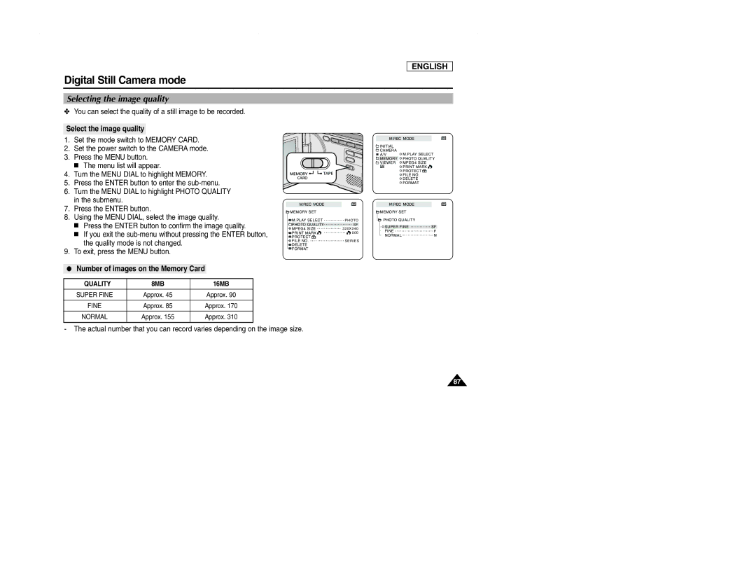 Samsung SCD107 manual Selecting the image quality, Select the image quality, Number of images on the Memory Card 