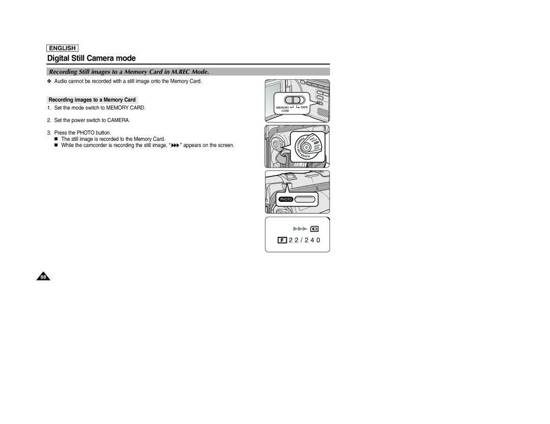 Samsung SCD107 manual Recording Still images to a Memory Card in M.REC Mode, Recording images to a Memory Card 