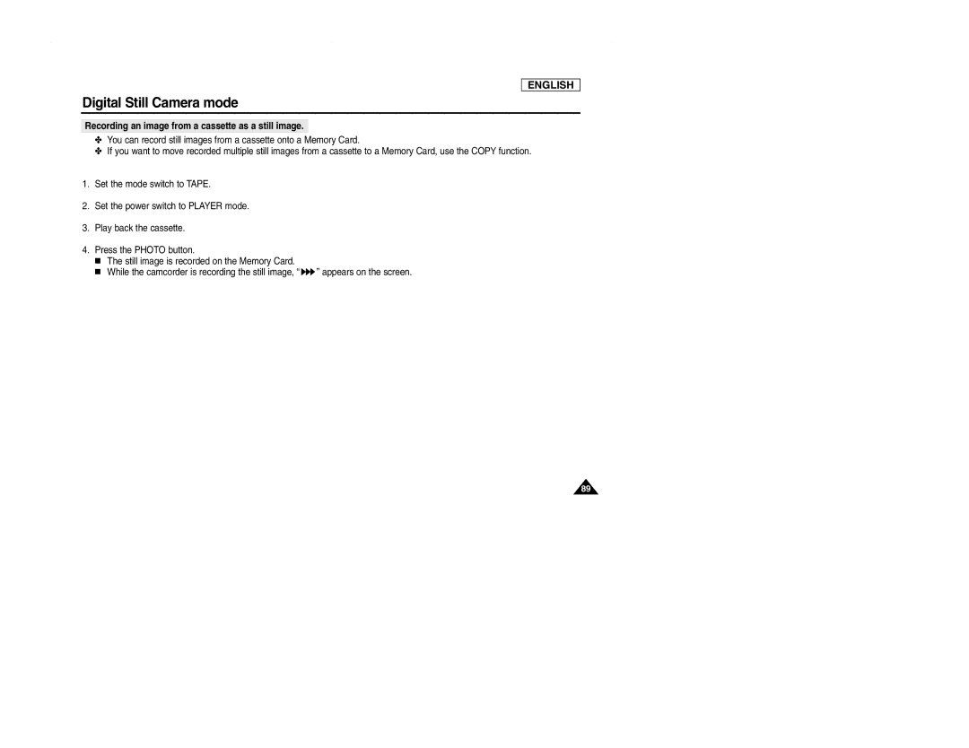 Samsung SCD107 manual Recording an image from a cassette as a still image 