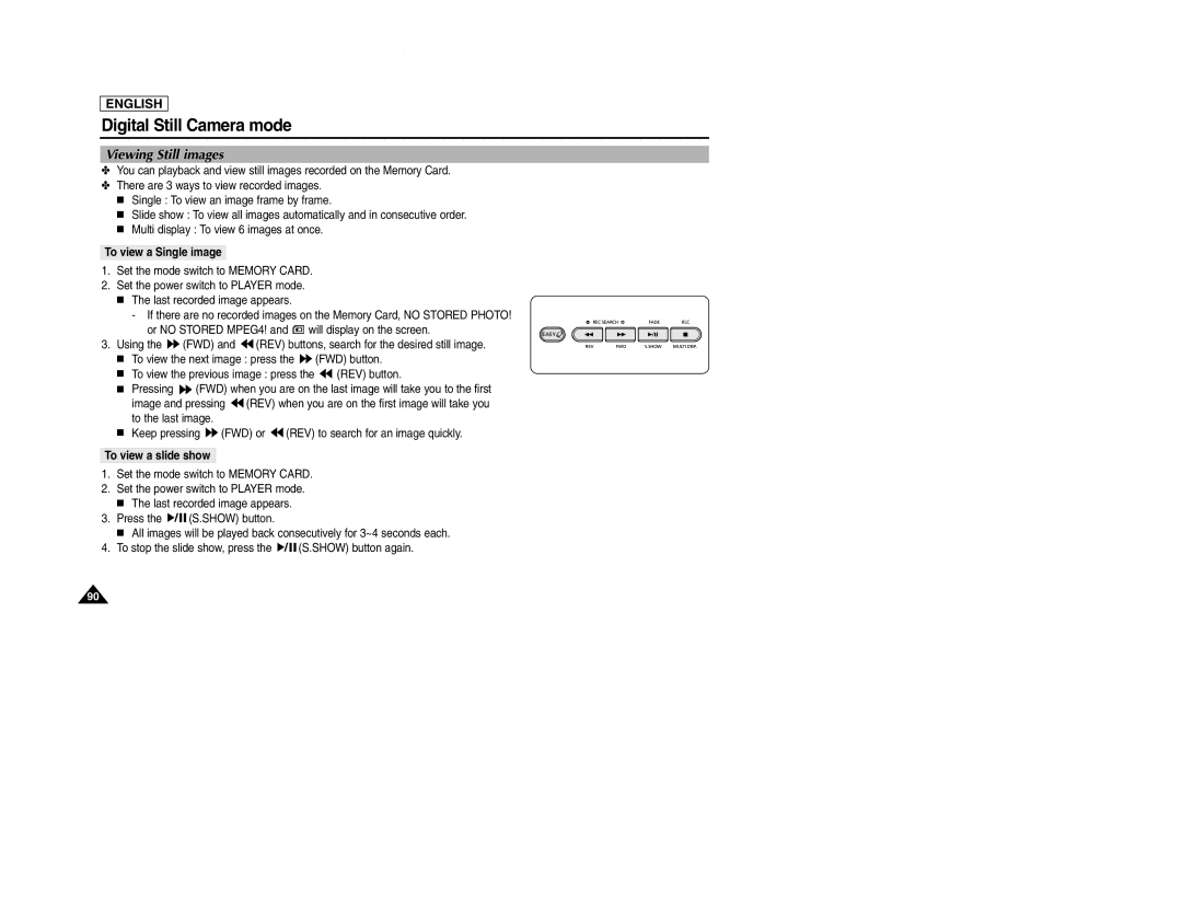 Samsung SCD107 manual Viewing Still images, To view a Single image, To view a slide show 