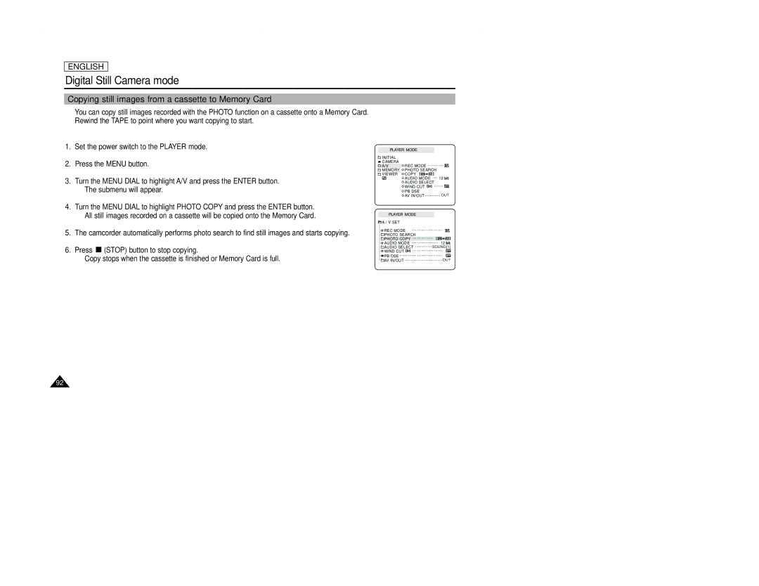 Samsung SCD107 manual Copying still images from a cassette to Memory Card 