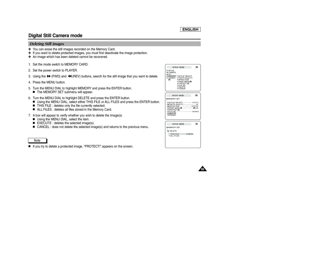 Samsung SCD107 manual Deleting Still images 