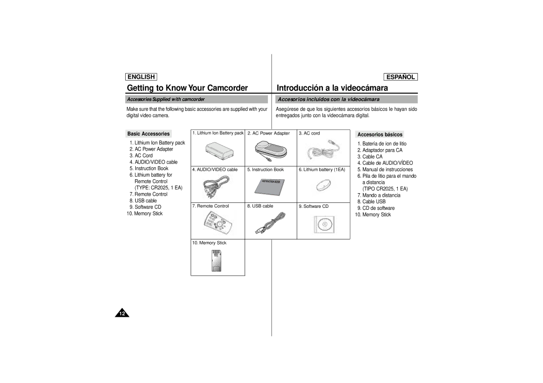 Samsung SCD180 manual Basic Accessories, Remote Control USB cable Software CD Memory Stick, Accesorios básicos 