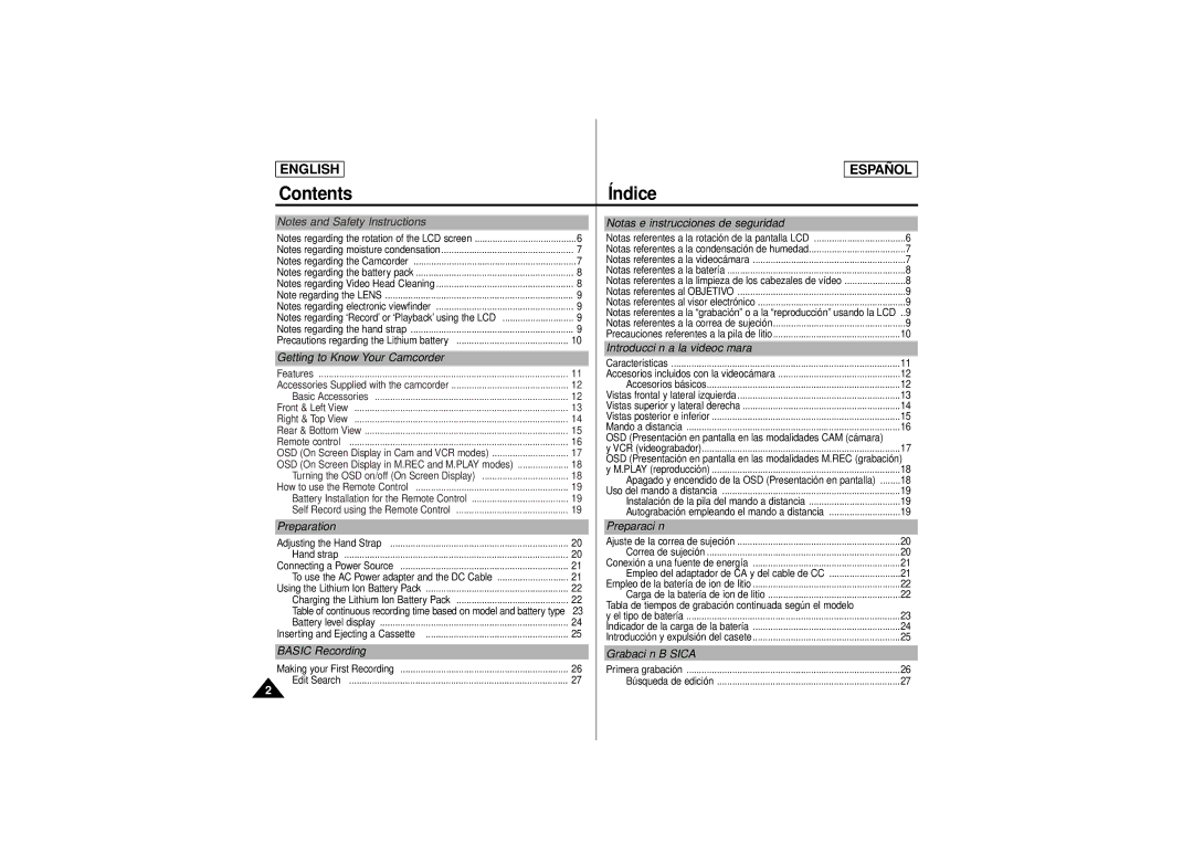 Samsung SCD180 manual Contents Índice 